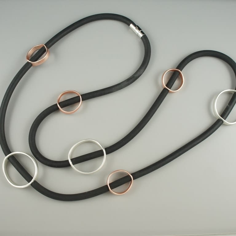 Rubber necklace black with silver and rose gold rings Zigi Jewellery